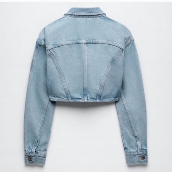 ZARA Cropped Denim Jacket Light Wash Arched Hem Jean Bolero Size L - Picture 6 of 13